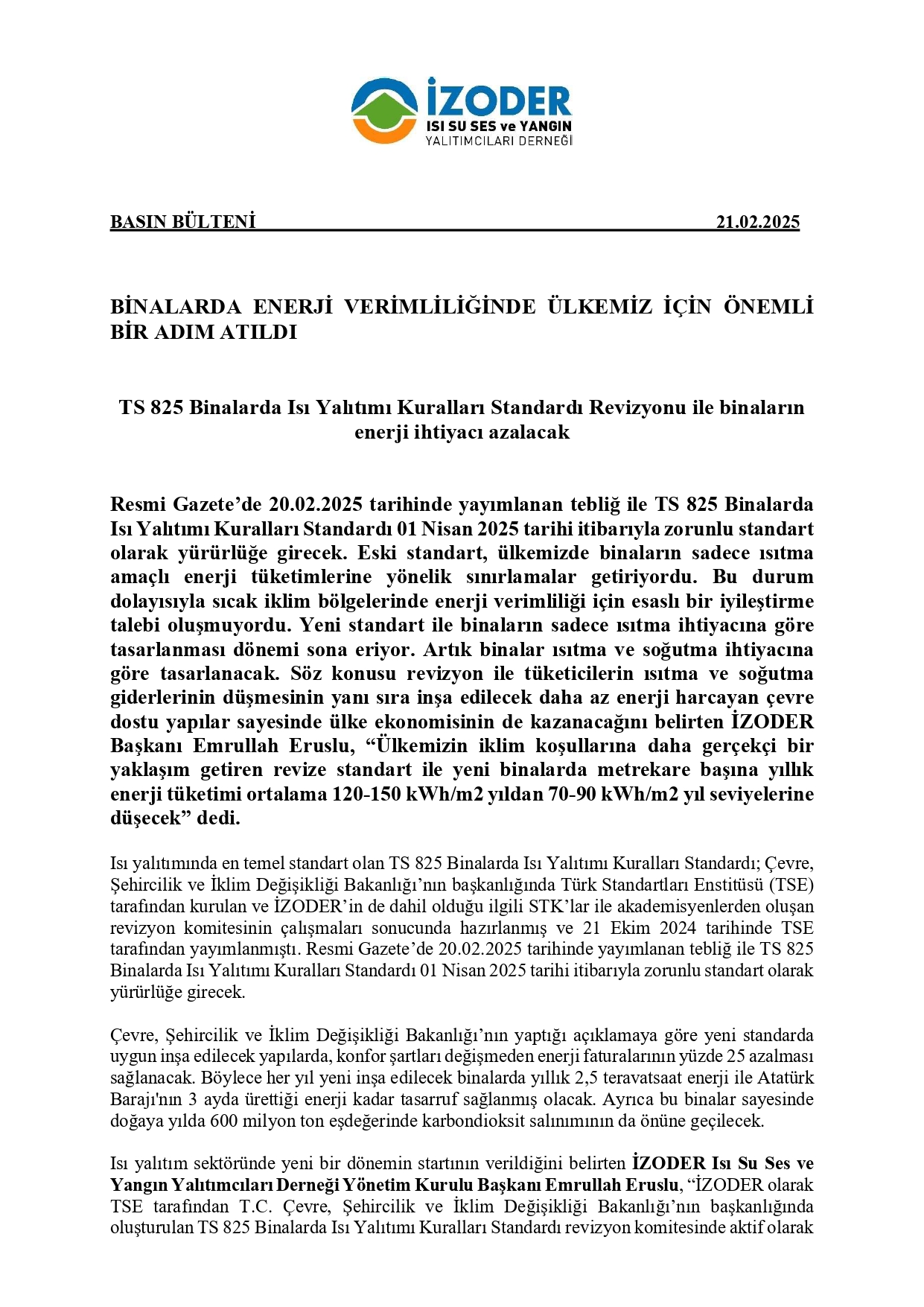 TS 825 Revizyonu Basın Bülteni